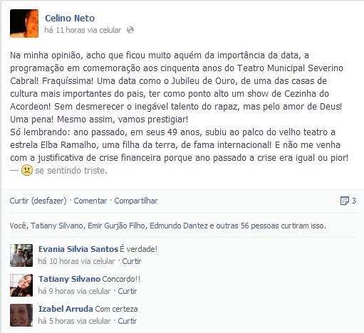 Postagem de Celino Neto no Facebook sobre os 50 anos do Teatro