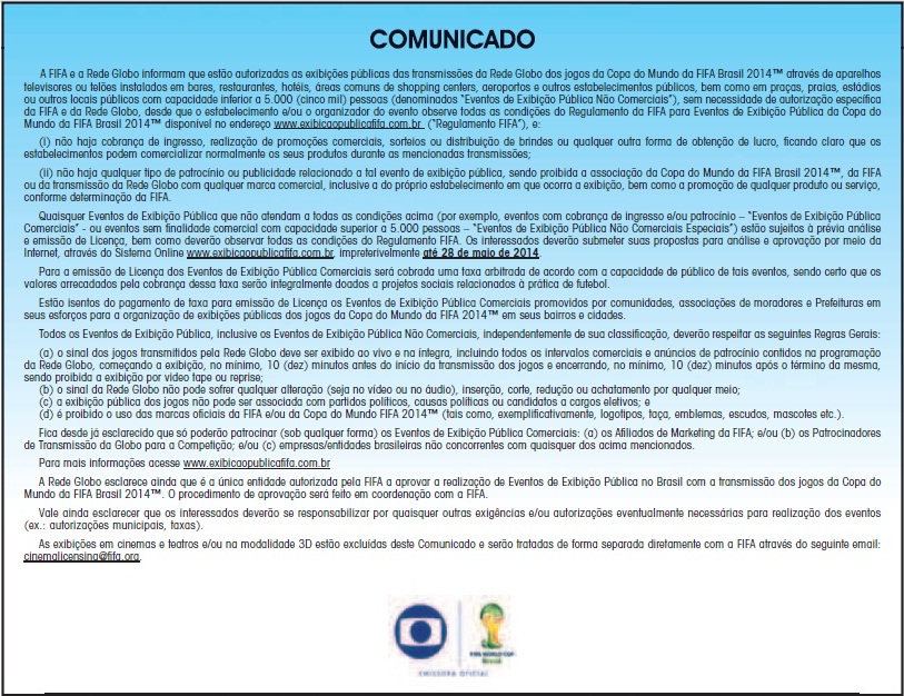 Nota Oficial assinada pela Rede Globo de Televiso e pela FIFA
